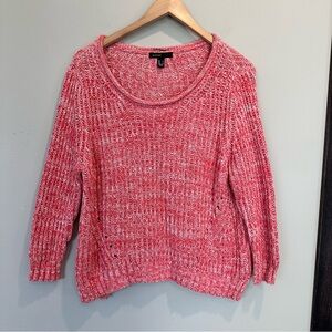 Mango Cable Knit Pink/Red/White Crochet Quarter Sleeve Crop Scoop Neck Sweater